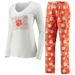 Best Sale 😉 Women's Concepts Sport Orange/White Clemson Tigers Flagship Long Sleeve T-Shirt & Pants Sleep Set 🌟