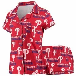 Best Sale 🛒 Women's Concepts Sport Red Philadelphia Phillies Zest Allover Print Button-Up 👕 Shirt & Shorts Sleep Set ✨