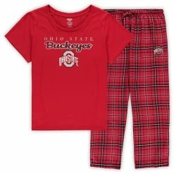 Best Pirce ⌛ Profile 👩 Women's Scarlet/Black Ohio State Buckeyes Plus Size Lodge T-Shirt And Pants Sleep Set 🥰