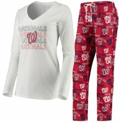 Cheapest 🎁 Women's Concepts Sport White/Red Washington Nationals Flagship Long Sleeve V-Neck T-Shirt & Pants Sleep Set 😉