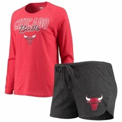 Discount π Women's Concepts Sport Heathered Black/Heathered Red Chicago Bulls Raglan Long Sleeve T-Shirt & Shorts Sleep Set π