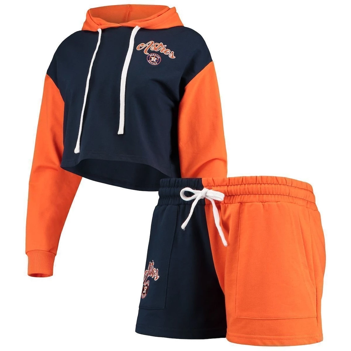 Deals π Women's FOCO Navy/Orange Houston Astros Color-Block Pullover Hoodie & Shorts Lounge Set π - Image 2