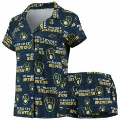 Cheapest π Women's Concepts Sport Navy Milwaukee Brewers Zest Allover Print Button-Up π Shirt & Shorts Sleep Set π