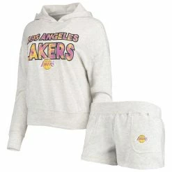 Flash Sale 😀 Women's Concepts Sport Cream Los Angeles Lakers Crossfield Long Sleeve Hoodie Top & Shorts Sleep Set ✔️