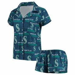 Best Pirce 😍 Women's Concepts Sport Navy Seattle Mariners Zest Allover Print Button-Up 👕 Shirt & Shorts Sleep Set ⌛