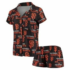 New 😀 Women's Concepts Sport Black San Francisco Giants Zest Allover Print Button-Up 👚 Shirt & Shorts Sleep Set 🥰