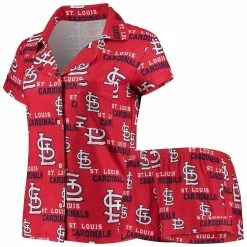 Promo ⭐ Women's Concepts Sport Red St. Louis Cardinals Zest Allover Print Button-Up 👕 Shirt & Shorts Sleep Set ✔️
