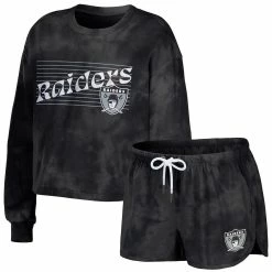 Coupon ✨ Women's WEAR By Erin Andrews Black Las Vegas Raiders Tie-Dye Cropped Pullover Sweatshirt & Shorts Lounge Set 😀
