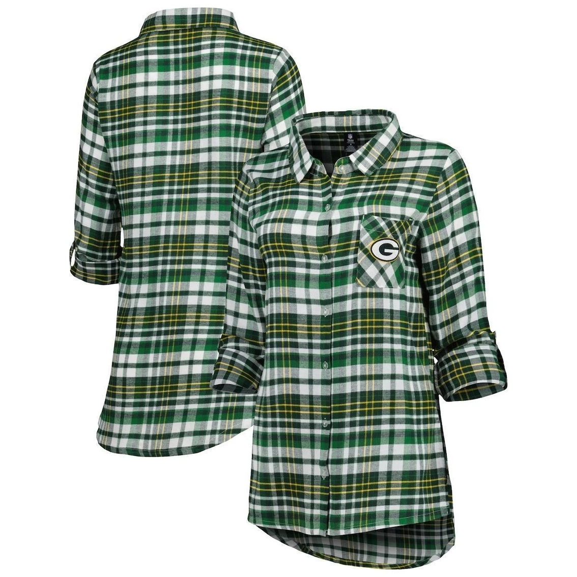Outlet π€© Women's Concepts Sport Green/Gold Green Bay Packers Mainstay Flannel Full-Button Long Sleeve Nightshirt π€© - Image 2