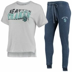 New 🎁 Women's Concepts Sport Deep Sea Blue/White Seattle Kraken Resurgence Slub Burnout Raglan T-Shirt & Joggers Sleep Set ⌛