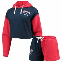 Outlet 😍 Women's FOCO Navy/Red Atlanta Braves Color-Block Pullover Hoodie & Shorts Lounge Set 💯