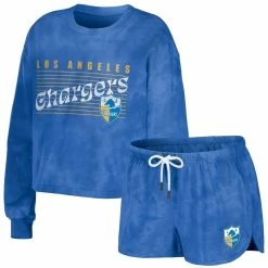 Best Pirce 😍 Women's WEAR By Erin Andrews Powder Blue Los Angeles Chargers Tie-Dye Cropped Pullover Sweatshirt & Shorts Lounge Set 👏
