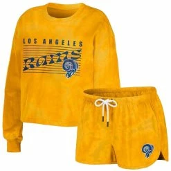 Deals 😀 Women's WEAR By Erin Andrews Gold Los Angeles Rams Tie-Dye Cropped Pullover Sweatshirt & Shorts Lounge Set 👍