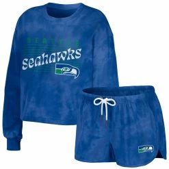 New 👏 Women's WEAR By Erin Andrews Royal Seattle Seahawks Tie-Dye Cropped Pullover Sweatshirt & Shorts Lounge Set 🥰