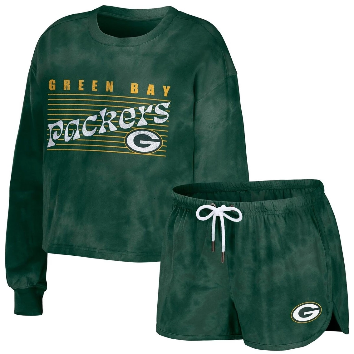 Coupon π Women's WEAR By Erin Andrews Green Green Bay Packers Tie-Dye Cropped Pullover Sweatshirt & Shorts Lounge Set 𧨠- Image 2
