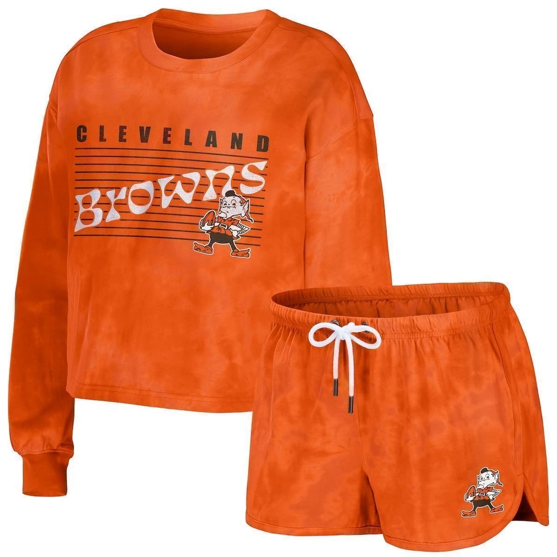Brand new β Women's WEAR By Erin Andrews Orange Cleveland Browns Tie-Dye Cropped Pullover Sweatshirt & Shorts Lounge Set π€©