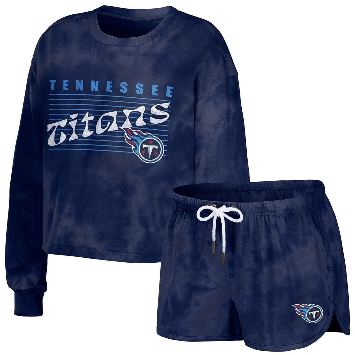 Outlet β Women's WEAR By Erin Andrews Navy Tennessee Titans Tie-Dye Cropped Pullover Sweatshirt & Shorts Lounge Set π