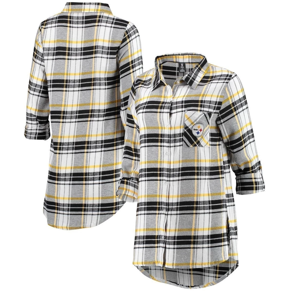 Best Sale π€© Women's Concepts Sport Black/Gold Pittsburgh Steelers Accolade Flannel Long Sleeve Button-Up Nightshirt β - Image 2
