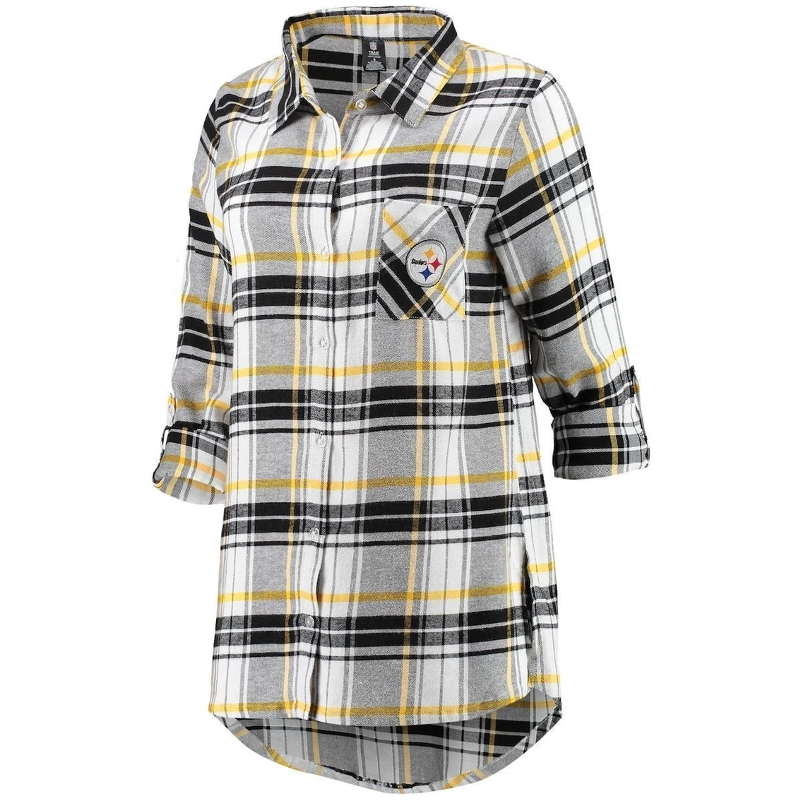 Best Sale π€© Women's Concepts Sport Black/Gold Pittsburgh Steelers Accolade Flannel Long Sleeve Button-Up Nightshirt β - Image 3