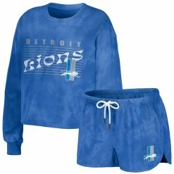 Discount 👏 Women's WEAR By Erin Andrews Blue Detroit Lions Tie-Dye Cropped Pullover Sweatshirt & Shorts Lounge Set ✨