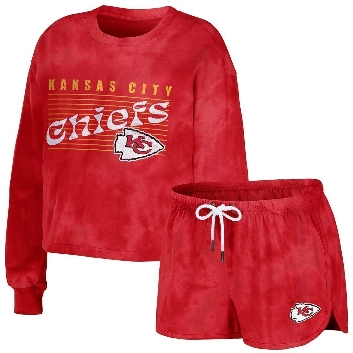 Outlet β€οΈ Women's WEAR By Erin Andrews Red Kansas City Chiefs Tie-Dye Cropped Pullover Sweatshirt & Shorts Lounge Set β - Image 2