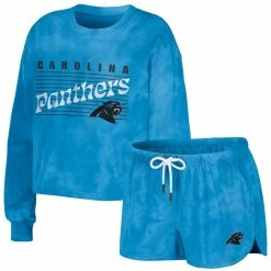 Discount 🎁 Women's WEAR By Erin Andrews Blue Carolina Panthers Tie-Dye Cropped Pullover Sweatshirt & Shorts Lounge Set ✔️