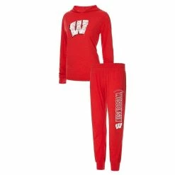 Hot Sale 🧨 Women's Concepts Sport Red Wisconsin Badgers Long Sleeve Hoodie T-Shirt & Pants Sleep Set 🔔