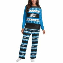 Promo 🔥 Women's FOCO Blue Carolina Panthers Holiday Ugly Pajama Set 🛒