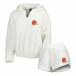 New 🎁 Women's Concepts Sport Cream Cleveland Browns Fluffy Hoodie Top & Shorts Set 😉