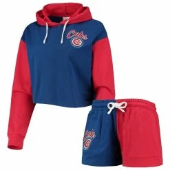 Cheapest π Women's FOCO Royal/Red Chicago Cubs Color-Block Pullover Hoodie & Shorts Lounge Set π