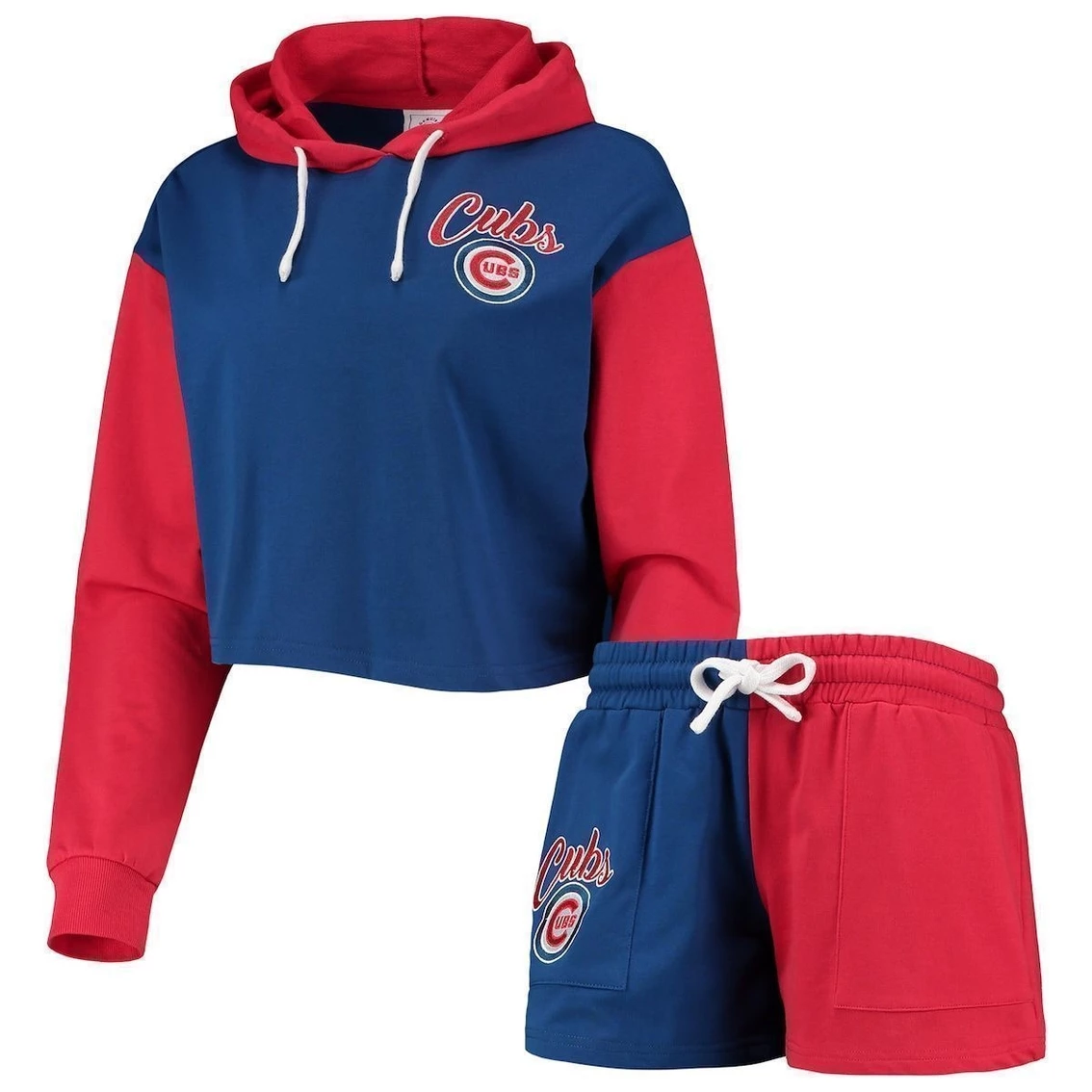 Cheapest π Women's FOCO Royal/Red Chicago Cubs Color-Block Pullover Hoodie & Shorts Lounge Set π