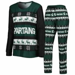 Discount 👏 Women's FOCO Green Michigan State Spartans Ugly Long Sleeve T-Shirt & Pajama Pants Sleep Set ⌛