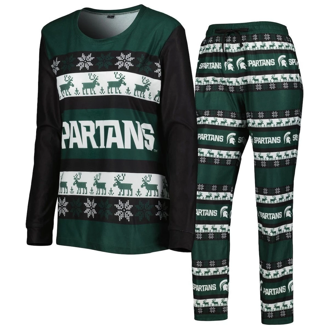 Discount π Women's FOCO Green Michigan State Spartans Ugly Long Sleeve T-Shirt & Pajama Pants Sleep Set β - Image 2