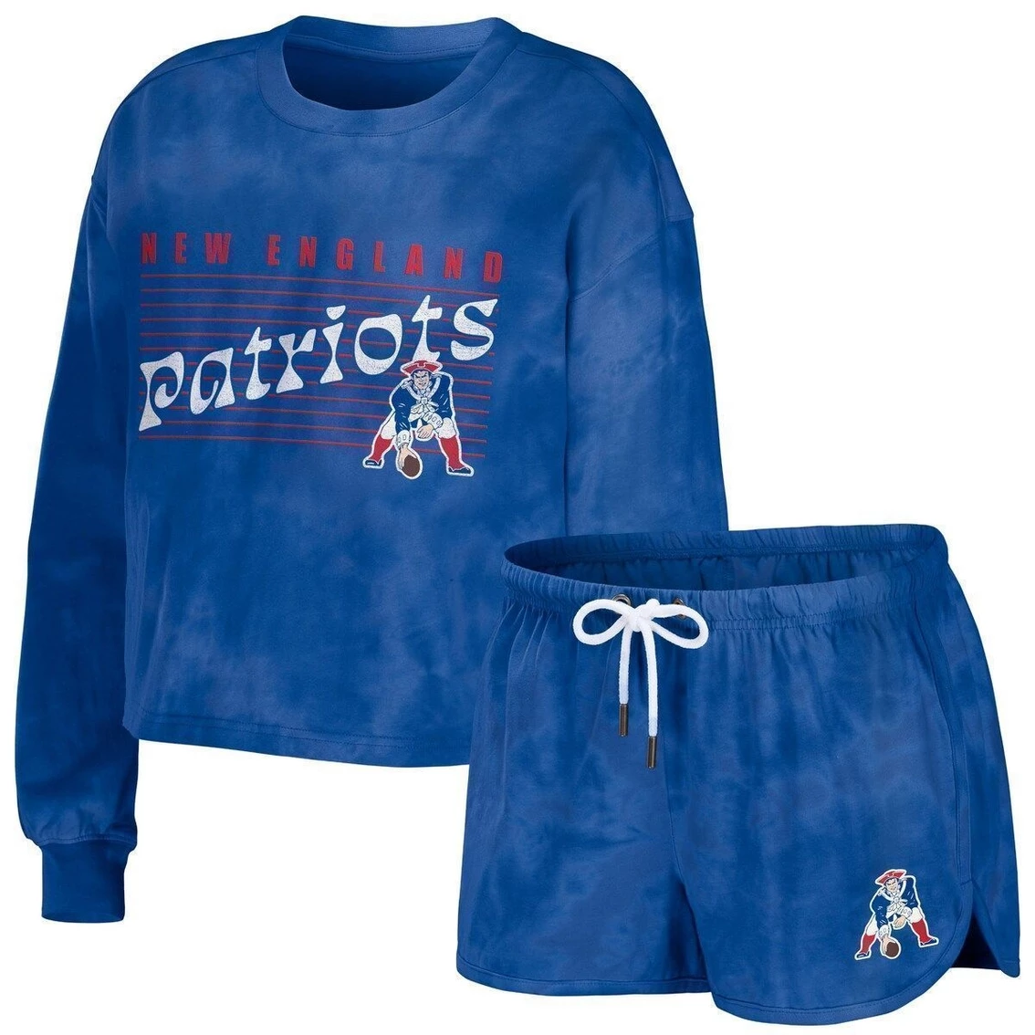 Best deal β Women's WEAR By Erin Andrews Royal New England Patriots Tie-Dye Cropped Pullover Sweatshirt & Shorts Lounge Set β€οΈ - Image 2