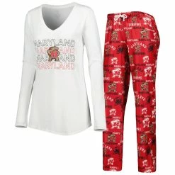 Promo 😍 Women's Concepts Sport Red/White Maryland Terrapins Breakthrough Allover Print Long Sleeve V-Neck T-Shirt And Pants Sleep Set ✔️