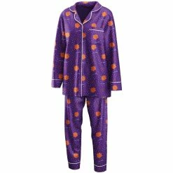 New 🔥 Women's WEAR By Erin Andrews Purple Clemson Tigers Long Sleeve Button-Up 👕 Shirt & Pants Sleep Set ⌛
