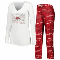 Budget 🔥 Women's Concepts Sport Cardinal/White Arkansas Razorbacks Breakthrough Allover Print Long Sleeve V-Neck T-Shirt And Pants Sleep Set 🎁