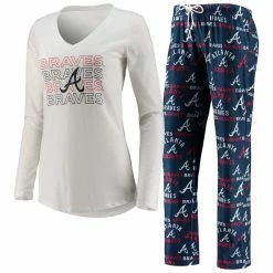 Deals 🌟 Women's Concepts Sport White/Navy Atlanta Braves Flagship Long Sleeve V-Neck T-Shirt & Pants Sleep Set 🔔
