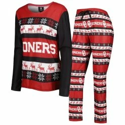 Outlet ❤️ Women's FOCO Crimson Oklahoma Sooners Ugly Long Sleeve T-Shirt & Pajama Pants Sleep Set 🔔
