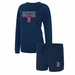 Best Sale π Women's Concepts Sport Heather Navy Boston Red Sox Meter Knit Raglan Long Sleeve T-Shirt & Shorts Sleep Set π₯°