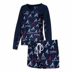 Flash Sale 😉 Women's Concepts Sport Navy Atlanta Braves Breakthrough Allover Print Long Sleeve V-Neck T-Shirt & Shorts Sleep Set ❤️
