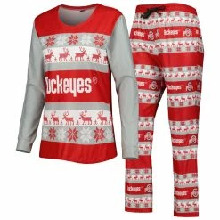 Discount 🔔 Women's FOCO Scarlet Ohio State Buckeyes Ugly Long Sleeve T-Shirt & Pajama Pants Sleep Set 🎉