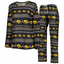 Best Pirce 🌟 Women's Concepts Sport Black Iowa Hawkeyes Flurry Ugly Sweater Long Sleeve T-Shirt & Pants Sleep Set ✔️