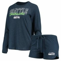 Best Pirce 🎁 Women's Concepts Sport College Navy Seattle Seahawks Meter Knit Long Sleeve Raglan Top & Shorts Sleep Set 🌟