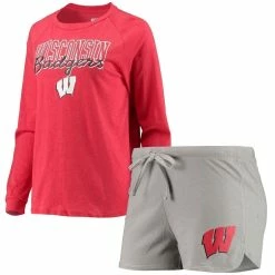 Coupon ✨ Women's Concepts Sport Heathered Red/Gray Wisconsin Badgers Raglan Long Sleeve T-Shirt & Shorts Sleep Set ❤️
