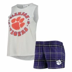 Outlet β¨ Women's Concepts Sport Purple/White Clemson Tigers Ultimate Flannel Tank Top & Shorts Sleep Set π₯