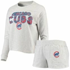 Hot Sale 🥰 Women's Concepts Sport Heathered Gray Chicago Cubs Crossfield Long Sleeve T-Shirt & Shorts Sleep Set 🎁